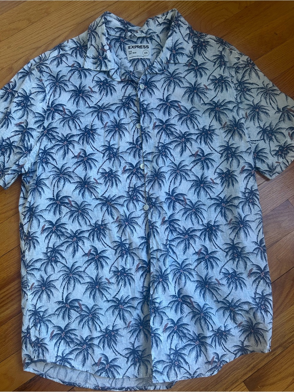 Express Short-Sleeve Palm-Print Button-Down Shirt in Light Blue and Navy